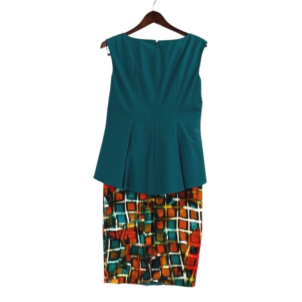 Lafayette 148 Teal Peplum Bodice Abstract Geometric Dress Size 6 Sleeveless - Picture 2 of 8